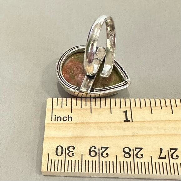 Unakite genuine gemstone ring adjustable silver overlay stamped 925 pear shape - Picture 4 of 6